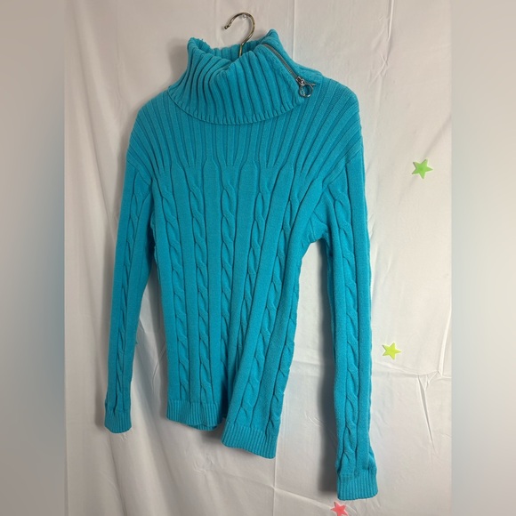 Y2K Wool Blend Cable Knit Turquoise Turtleneck with Silver Zipper Size M - Picture 3 of 16